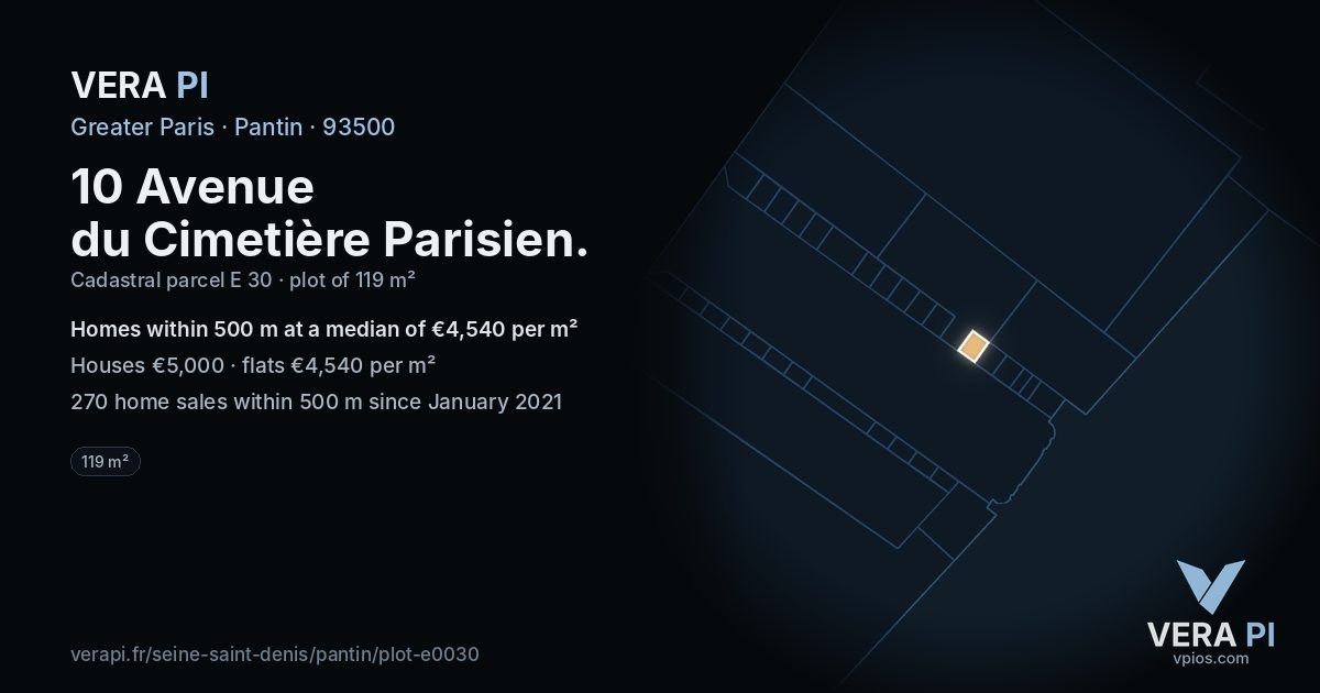 10 Avenue du Cimetière Parisien, Pantin at night – the plot lit, the parcels around coloured by the prices near them
