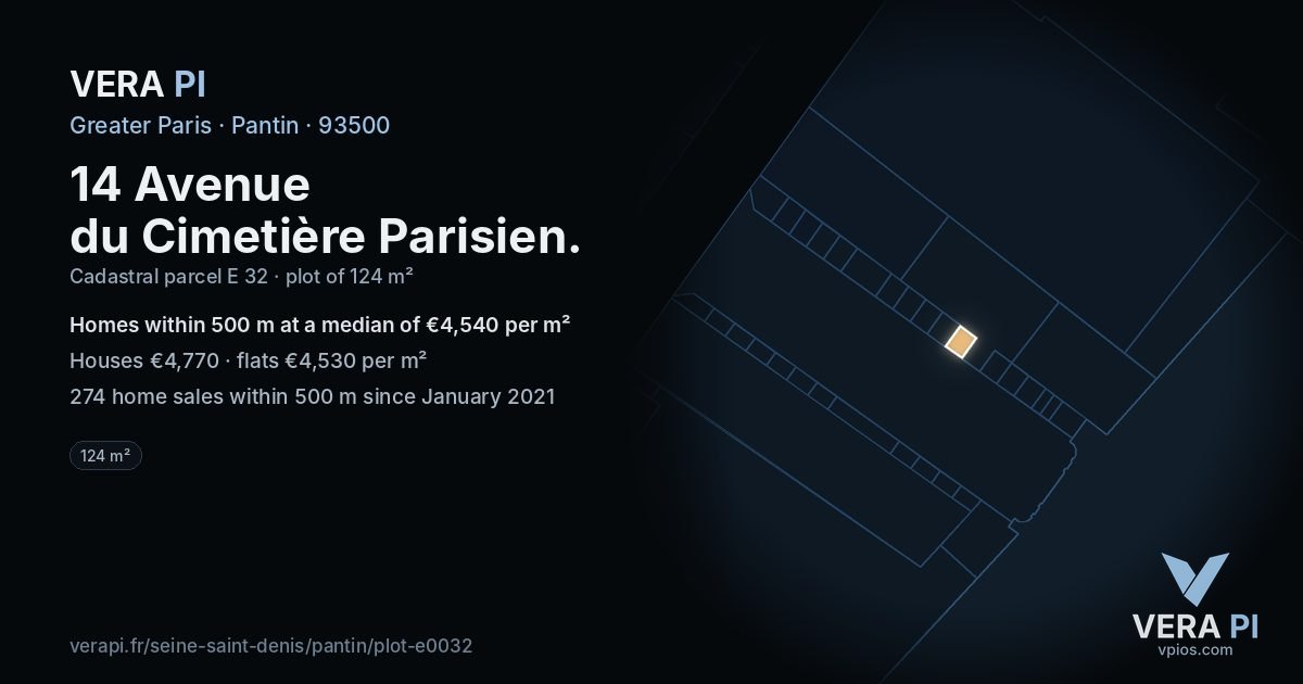 14 Avenue du Cimetière Parisien, Pantin at night – the plot lit, the parcels around coloured by the prices near them