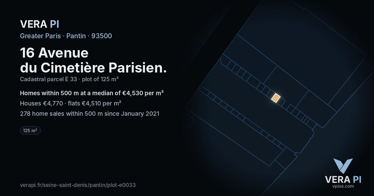 16 Avenue du Cimetière Parisien, Pantin at night – the plot lit, the parcels around coloured by the prices near them