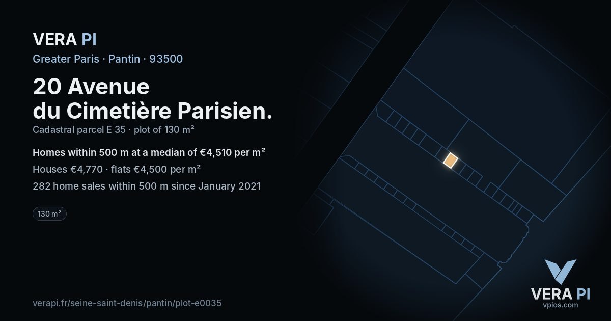 20 Avenue du Cimetière Parisien, Pantin at night – the plot lit, the parcels around coloured by the prices near them