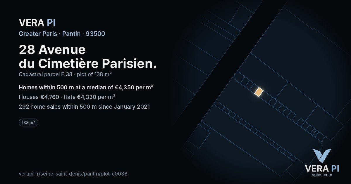 28 Avenue du Cimetière Parisien, Pantin at night – the plot lit, the parcels around coloured by the prices near them
