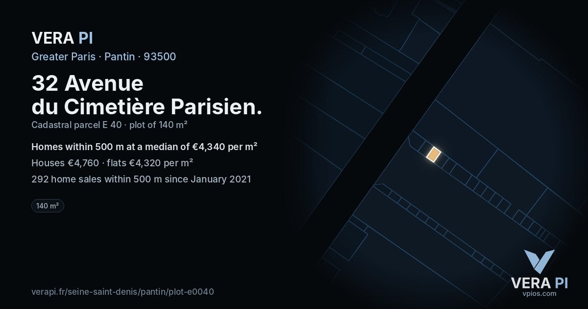 32 Avenue du Cimetière Parisien, Pantin at night – the plot lit, the parcels around coloured by the prices near them