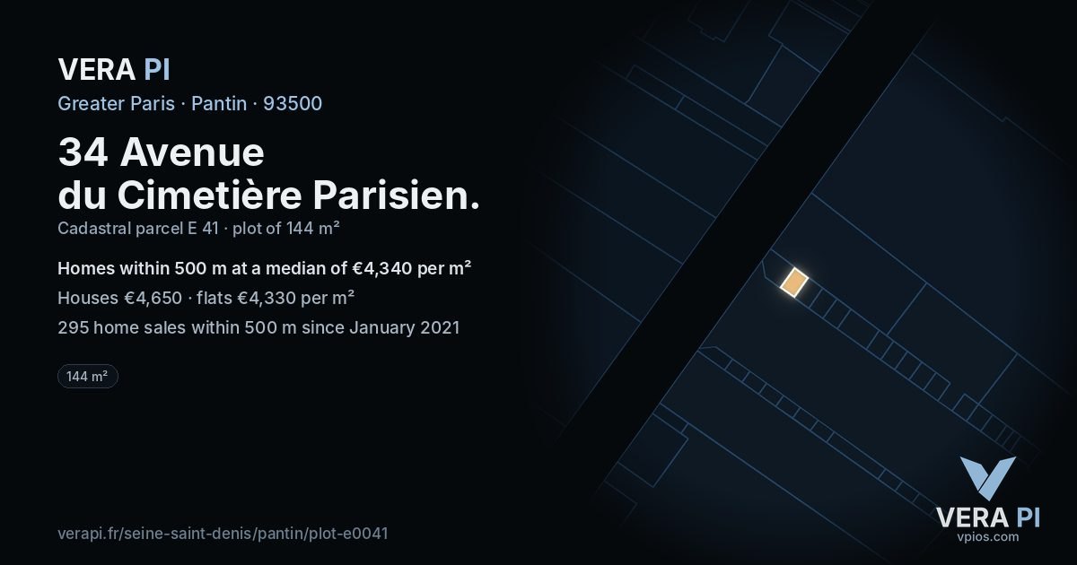 34 Avenue du Cimetière Parisien, Pantin at night – the plot lit, the parcels around coloured by the prices near them
