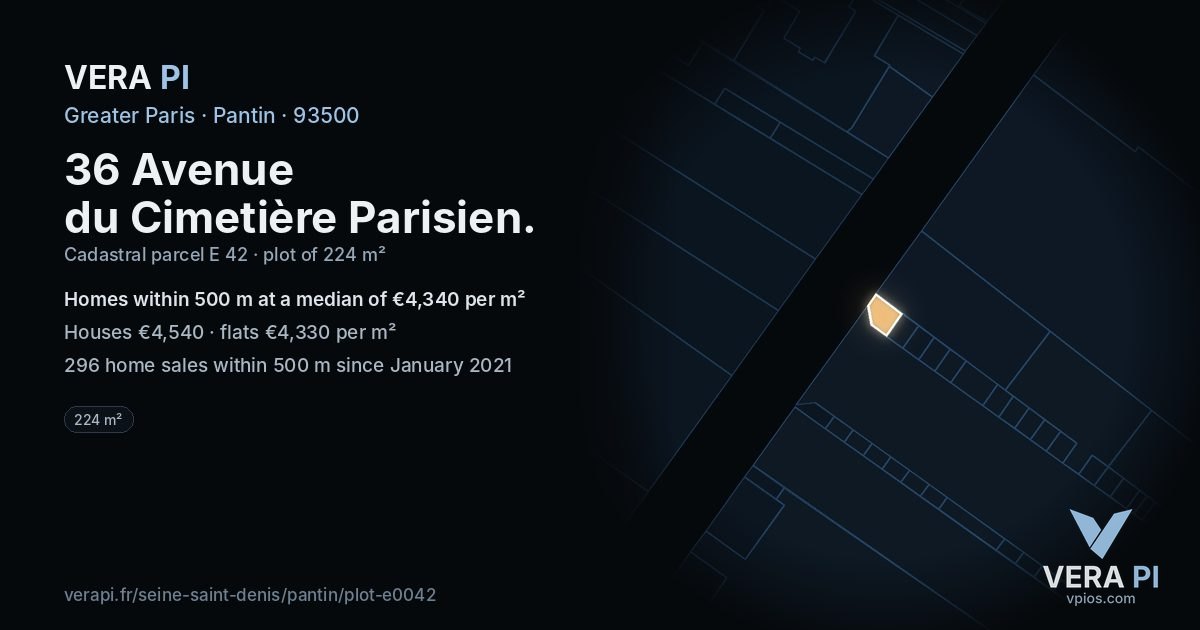 36 Avenue du Cimetière Parisien, Pantin at night – the plot lit, the parcels around coloured by the prices near them