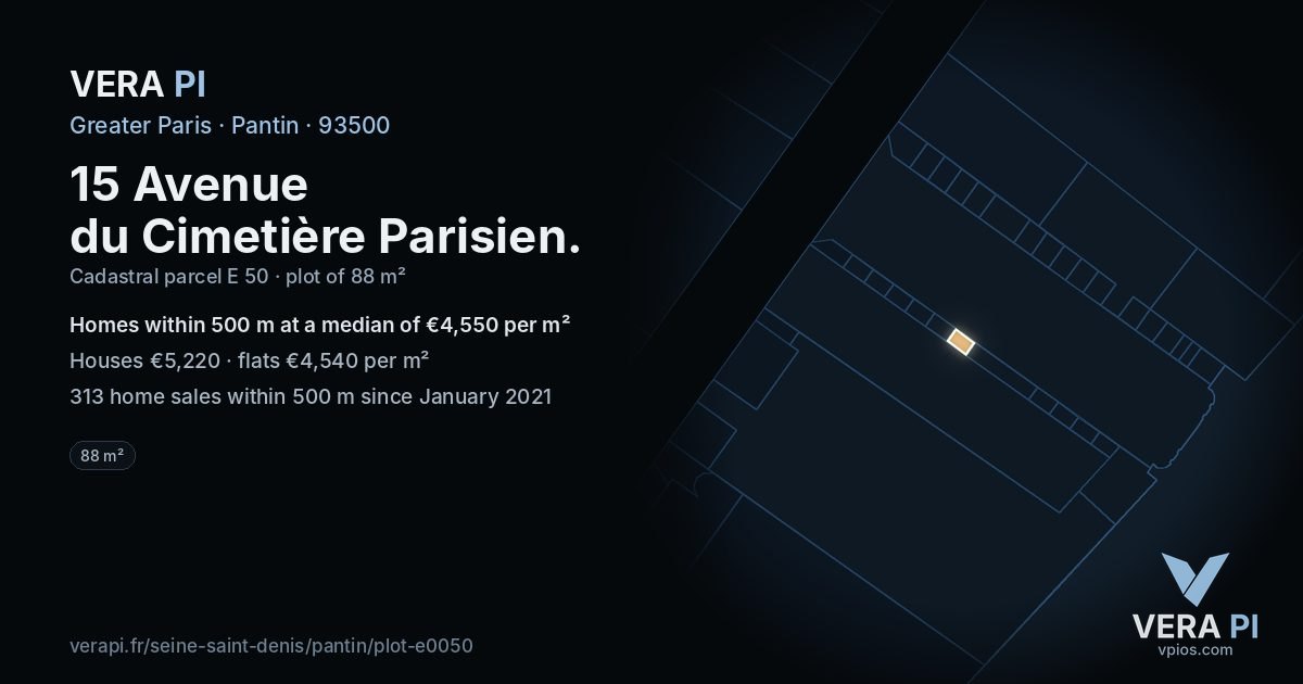 15 Avenue du Cimetière Parisien, Pantin at night – the plot lit, the parcels around coloured by the prices near them