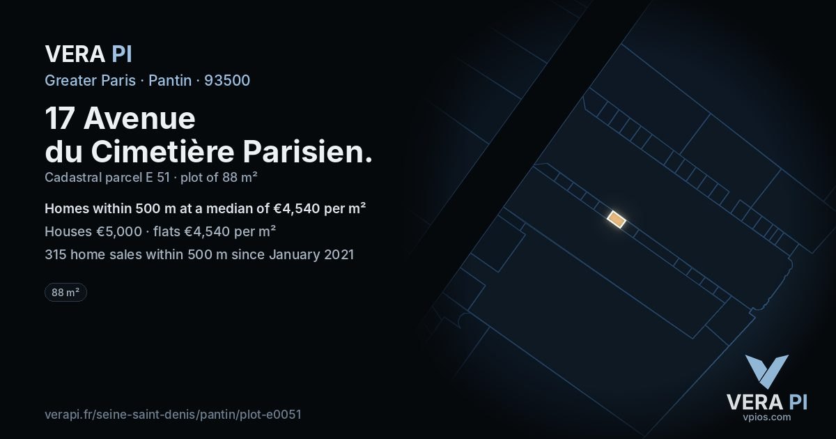 17 Avenue du Cimetière Parisien, Pantin at night – the plot lit, the parcels around coloured by the prices near them