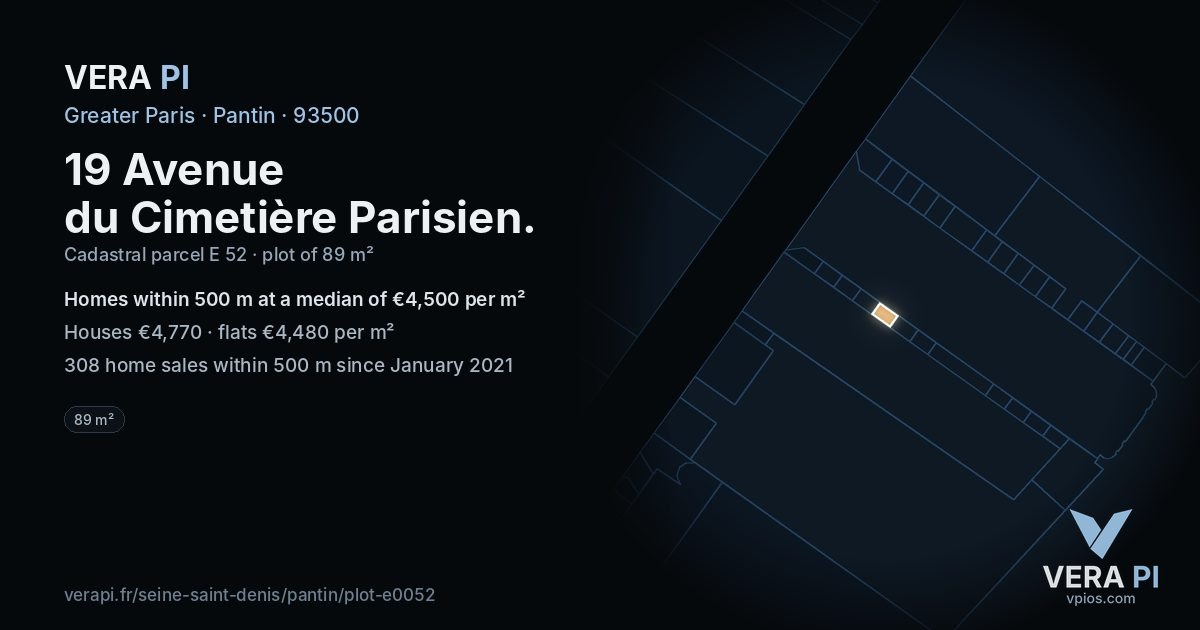 19 Avenue du Cimetière Parisien, Pantin at night – the plot lit, the parcels around coloured by the prices near them