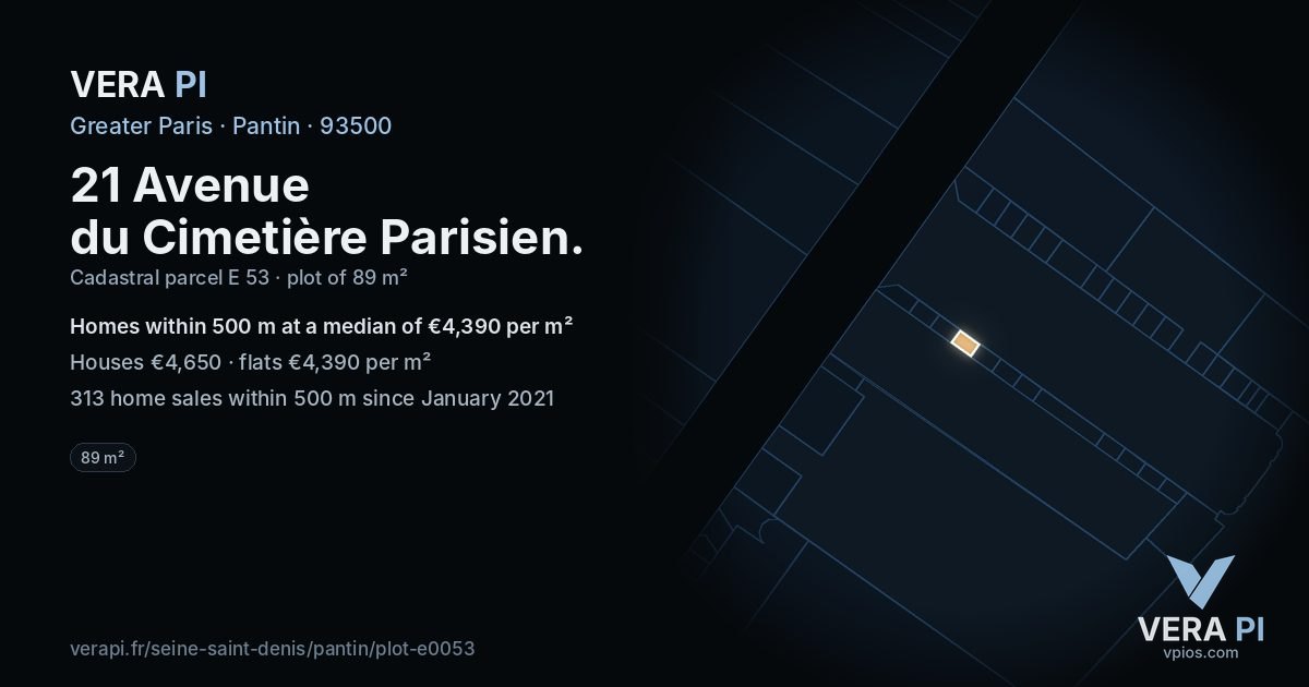 21 Avenue du Cimetière Parisien, Pantin at night – the plot lit, the parcels around coloured by the prices near them