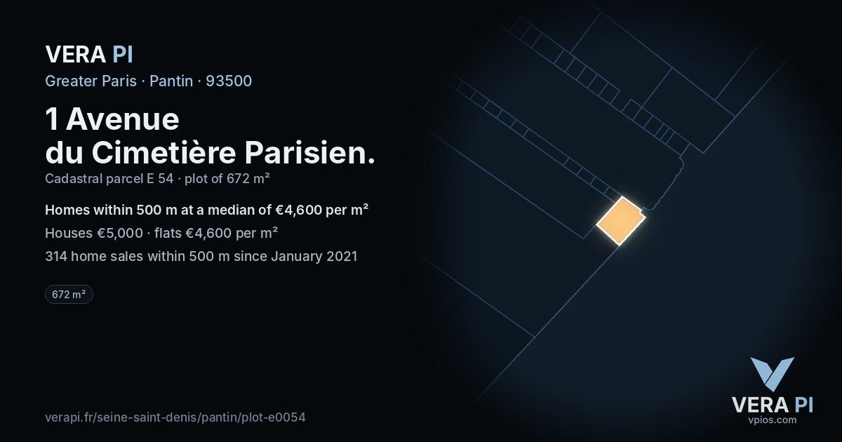 1 Avenue du Cimetière Parisien, Pantin at night – the plot lit, the parcels around coloured by the prices near them