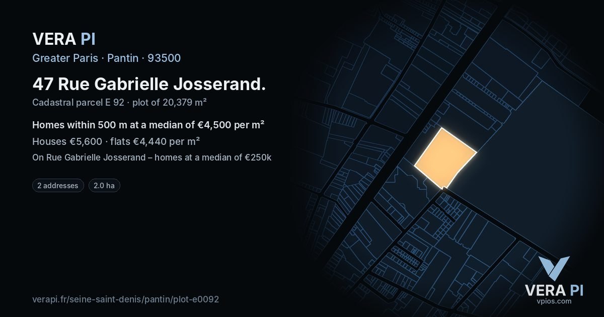 47 Rue Gabrielle Josserand, Pantin at night – the plot lit, the parcels around coloured by the prices near them