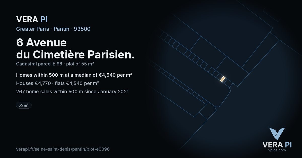 6 Avenue du Cimetière Parisien, Pantin at night – the plot lit, the parcels around coloured by the prices near them