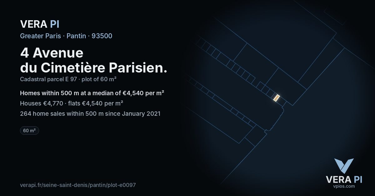 4 Avenue du Cimetière Parisien, Pantin at night – the plot lit, the parcels around coloured by the prices near them