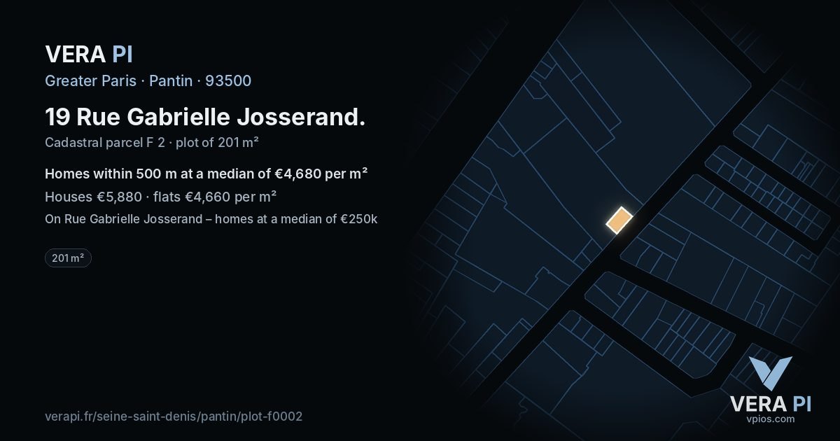 19 Rue Gabrielle Josserand, Pantin at night – the plot lit, the parcels around coloured by the prices near them