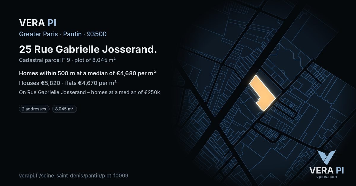 25 Rue Gabrielle Josserand, Pantin at night – the plot lit, the parcels around coloured by the prices near them