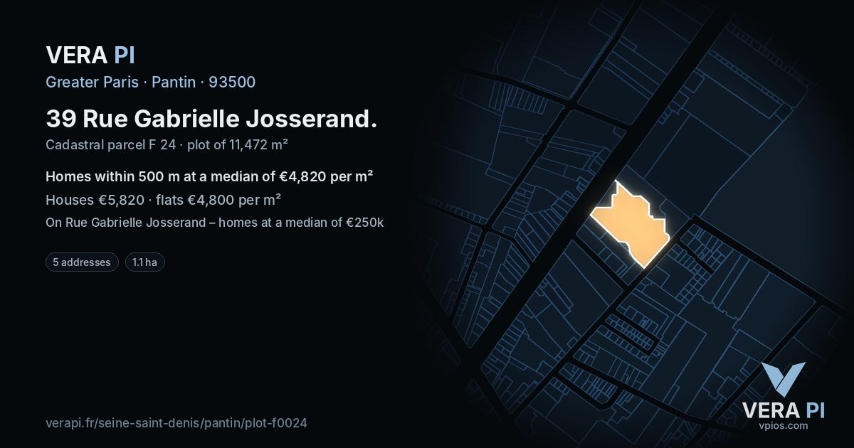 39 Rue Gabrielle Josserand, Pantin at night – the plot lit, the parcels around coloured by the prices near them