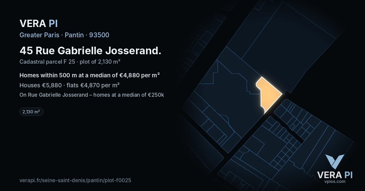 45 Rue Gabrielle Josserand, Pantin at night – the plot lit, the parcels around coloured by the prices near them