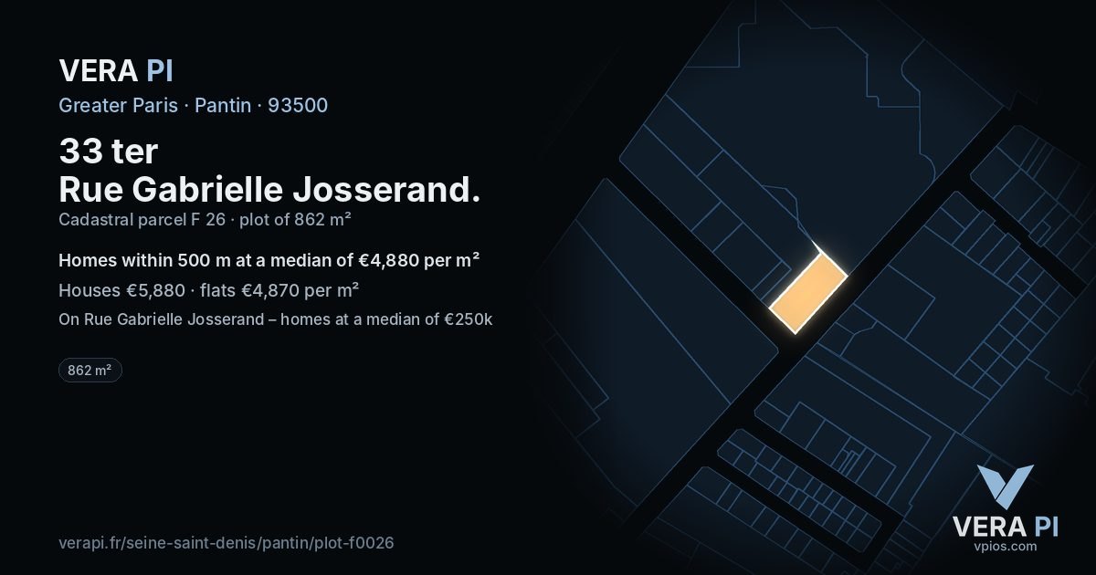 33 ter Rue Gabrielle Josserand, Pantin at night – the plot lit, the parcels around coloured by the prices near them