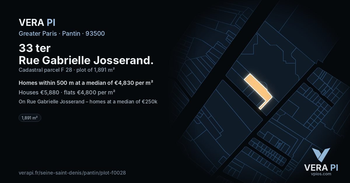 33 ter Rue Gabrielle Josserand, Pantin at night – the plot lit, the parcels around coloured by the prices near them