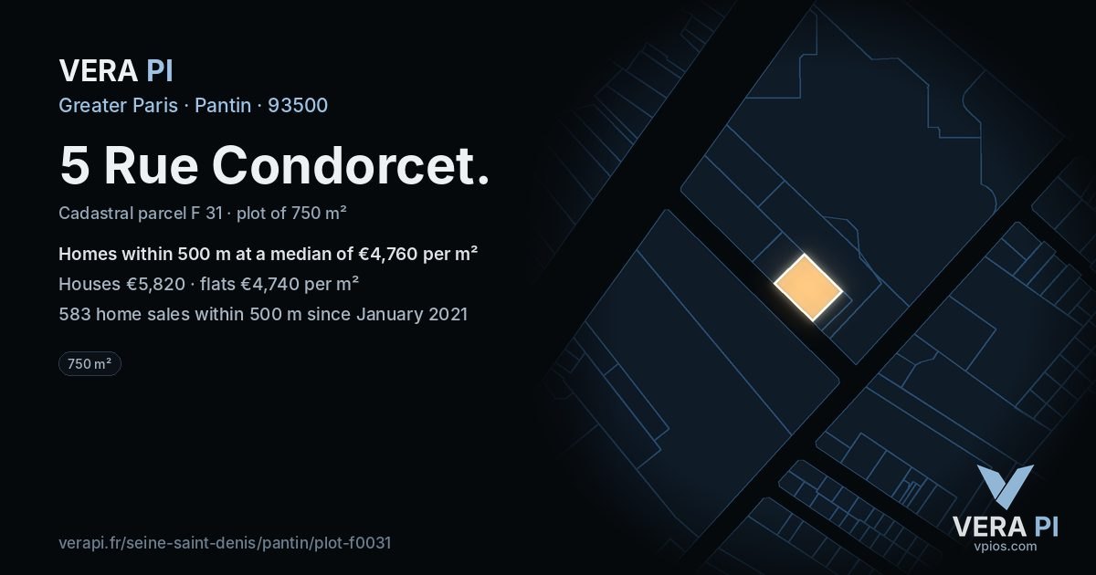 5 Rue Condorcet, Pantin at night – the plot lit, the parcels around coloured by the prices near them