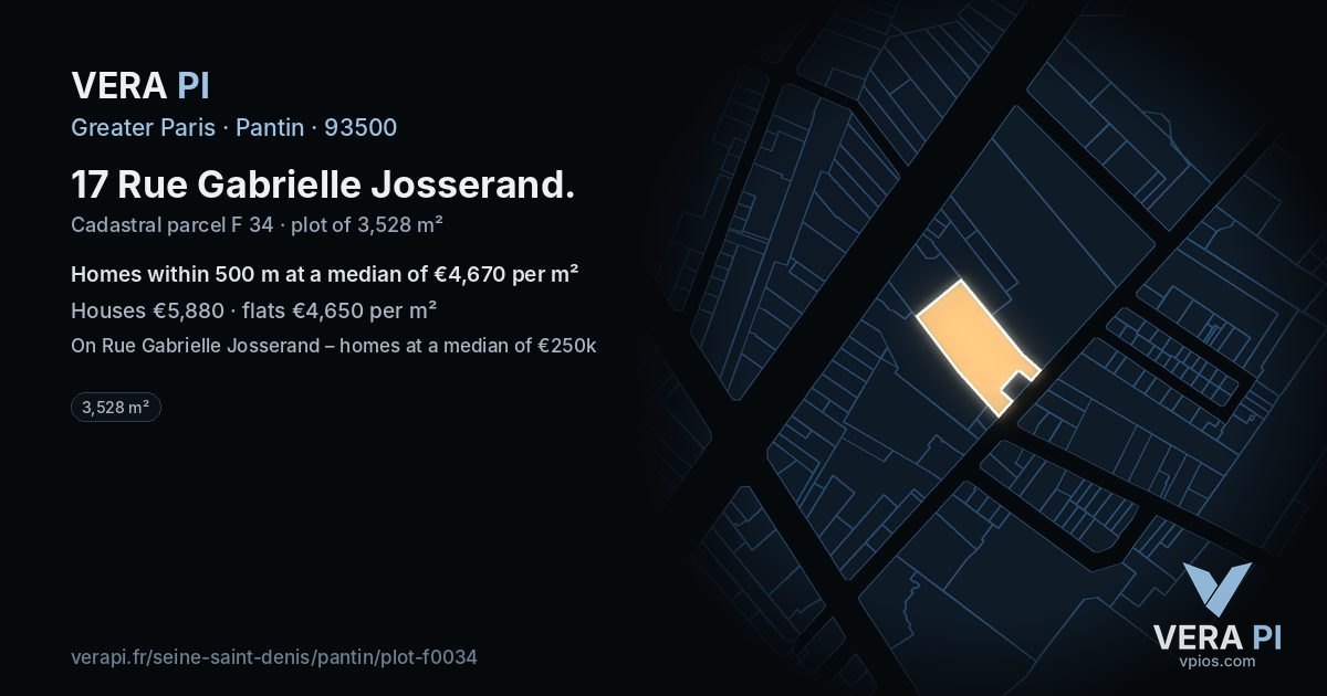 17 Rue Gabrielle Josserand, Pantin at night – the plot lit, the parcels around coloured by the prices near them