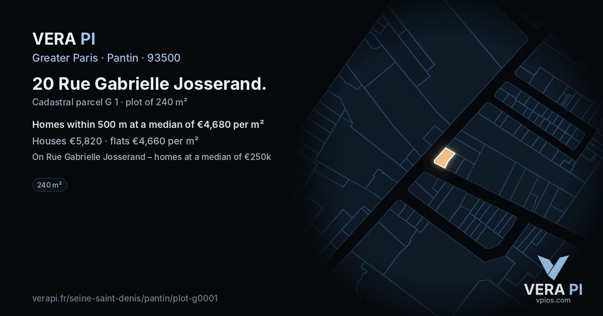 20 Rue Gabrielle Josserand, Pantin at night – the plot lit, the parcels around coloured by the prices near them