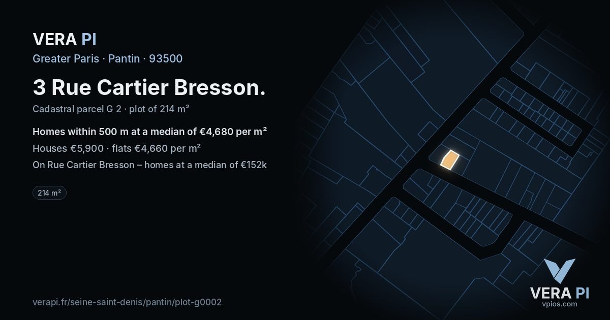 3 Rue Cartier Bresson, Pantin at night – the plot lit, the parcels around coloured by the prices near them