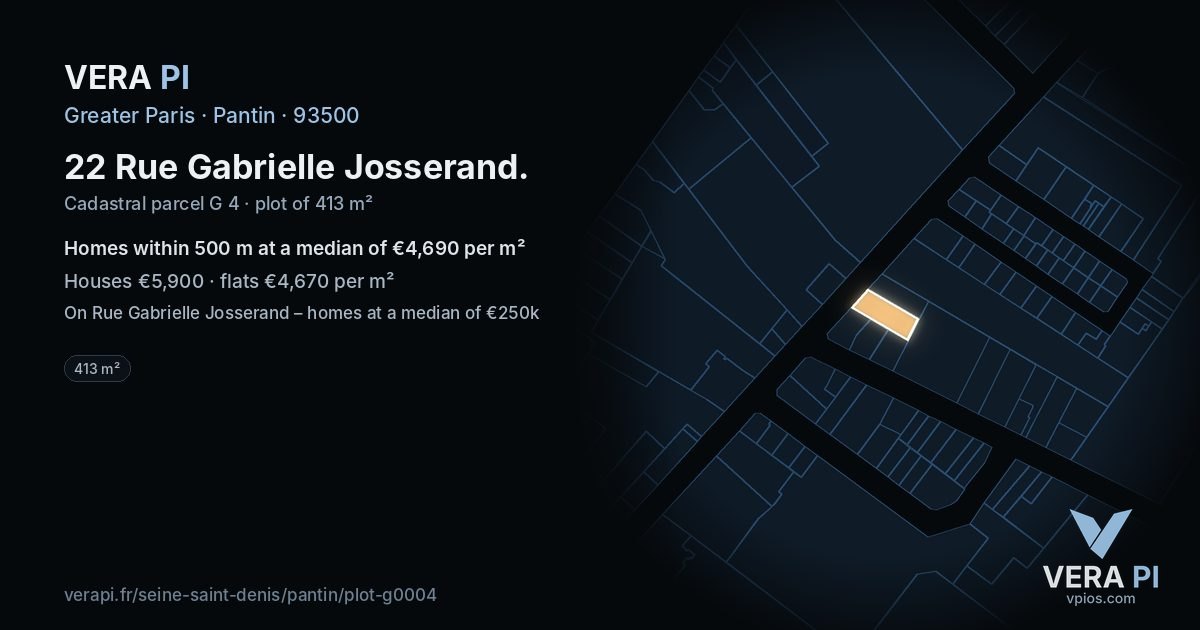 22 Rue Gabrielle Josserand, Pantin at night – the plot lit, the parcels around coloured by the prices near them