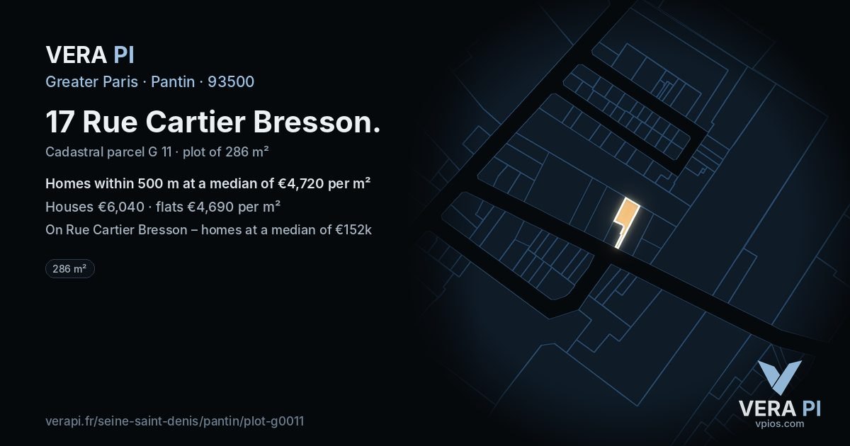 17 Rue Cartier Bresson, Pantin at night – the plot lit, the parcels around coloured by the prices near them