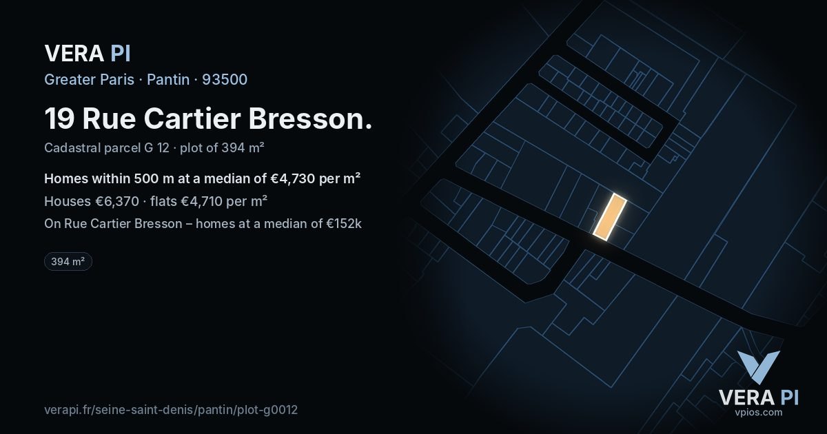 19 Rue Cartier Bresson, Pantin at night – the plot lit, the parcels around coloured by the prices near them