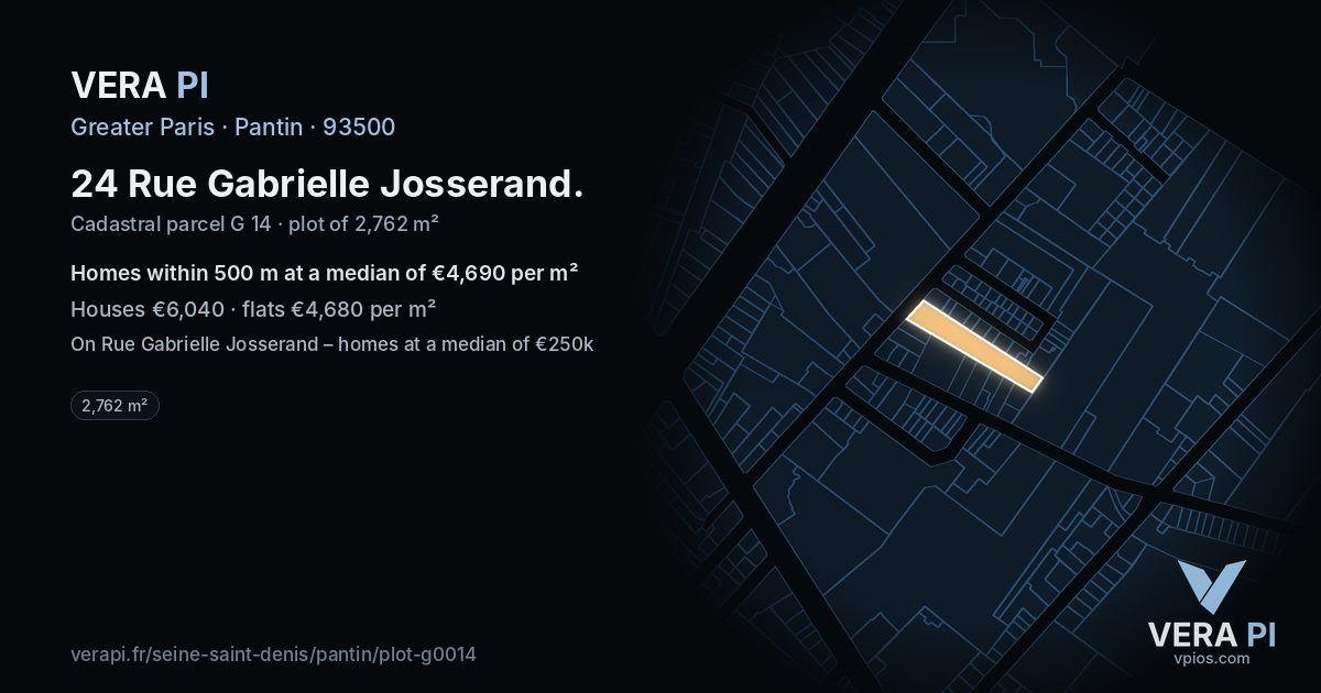 24 Rue Gabrielle Josserand, Pantin at night – the plot lit, the parcels around coloured by the prices near them