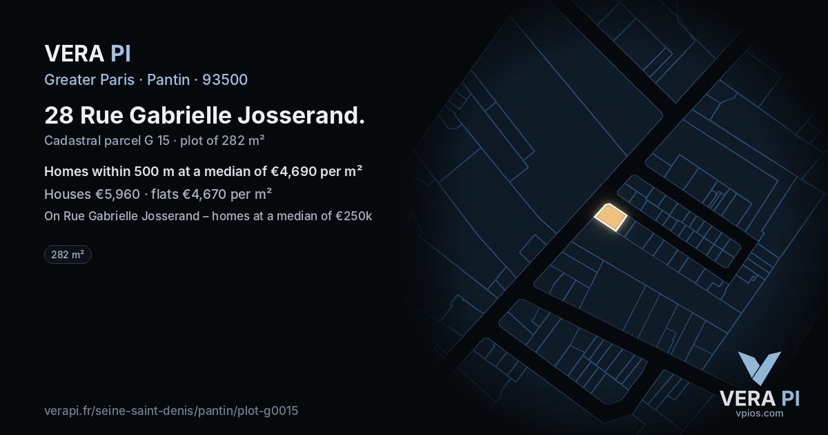 28 Rue Gabrielle Josserand, Pantin at night – the plot lit, the parcels around coloured by the prices near them