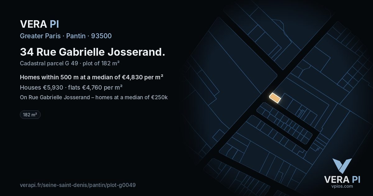 34 Rue Gabrielle Josserand, Pantin at night – the plot lit, the parcels around coloured by the prices near them