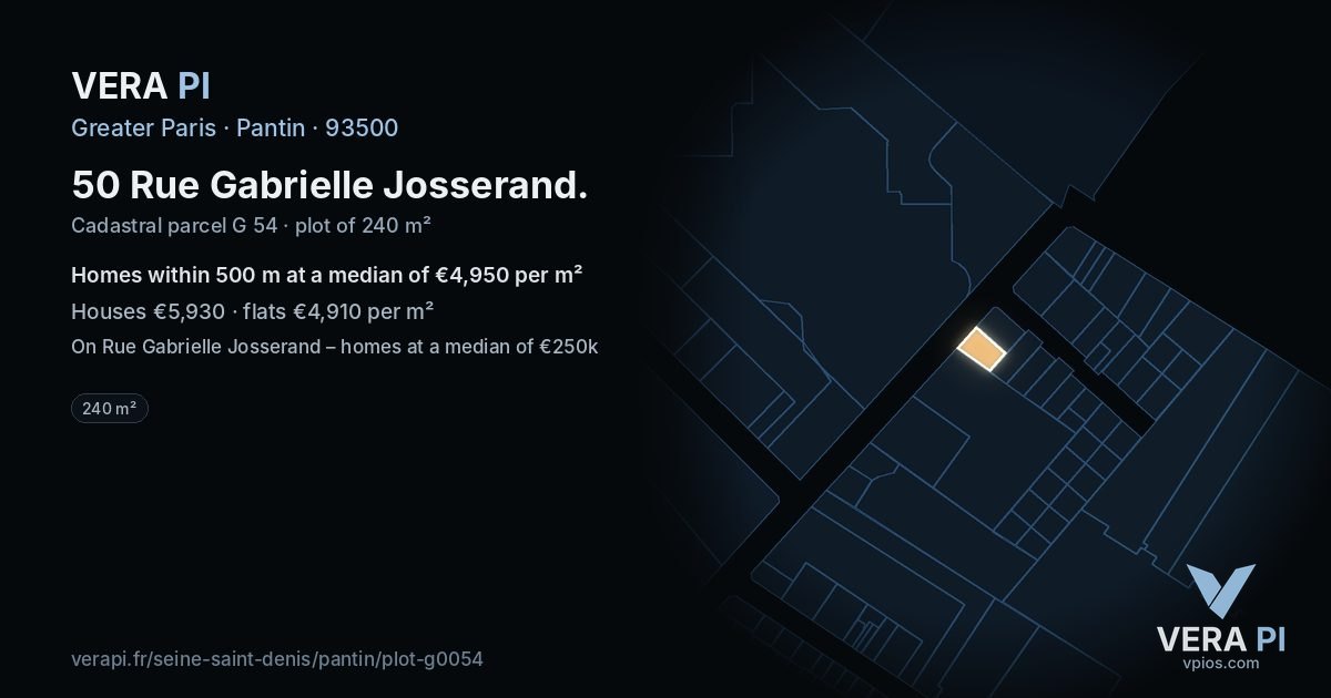 50 Rue Gabrielle Josserand, Pantin at night – the plot lit, the parcels around coloured by the prices near them