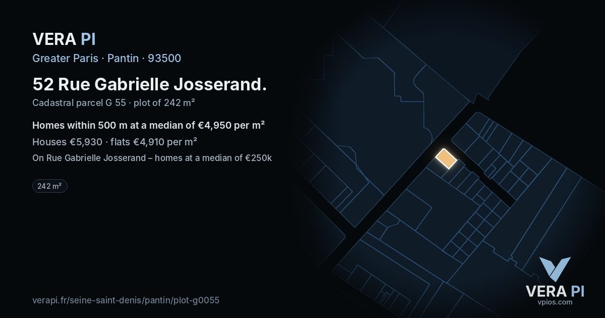 52 Rue Gabrielle Josserand, Pantin at night – the plot lit, the parcels around coloured by the prices near them