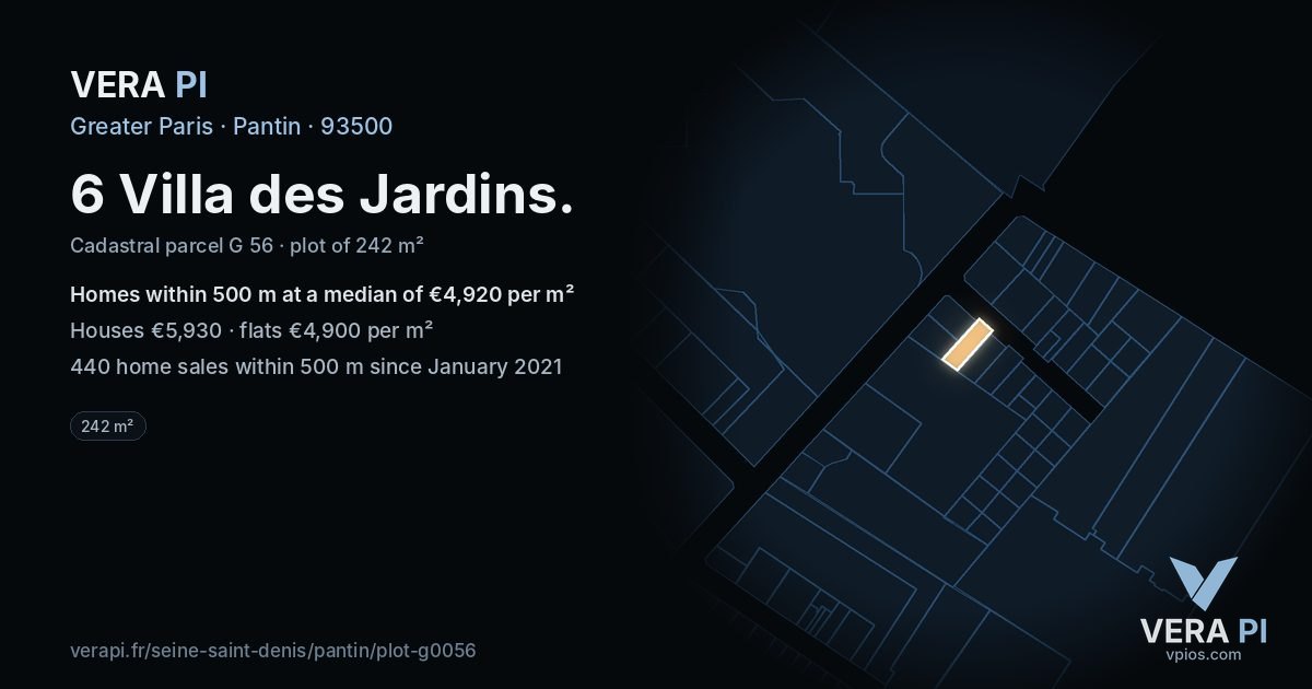 6 Villa des Jardins, Pantin at night – the plot lit, the parcels around coloured by the prices near them