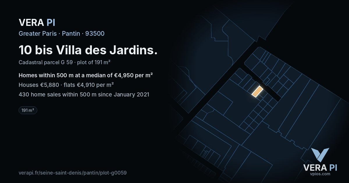 10 bis Villa des Jardins, Pantin at night – the plot lit, the parcels around coloured by the prices near them