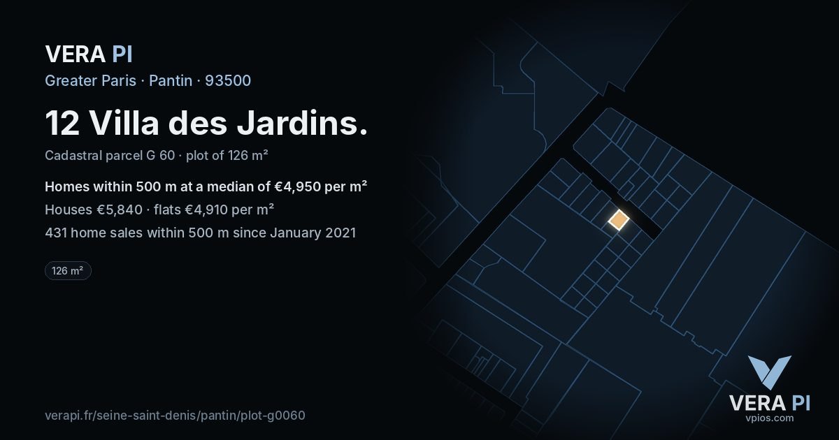 12 Villa des Jardins, Pantin at night – the plot lit, the parcels around coloured by the prices near them