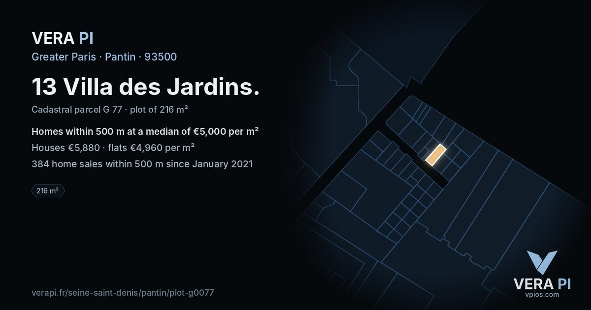 13 Villa des Jardins, Pantin at night – the plot lit, the parcels around coloured by the prices near them