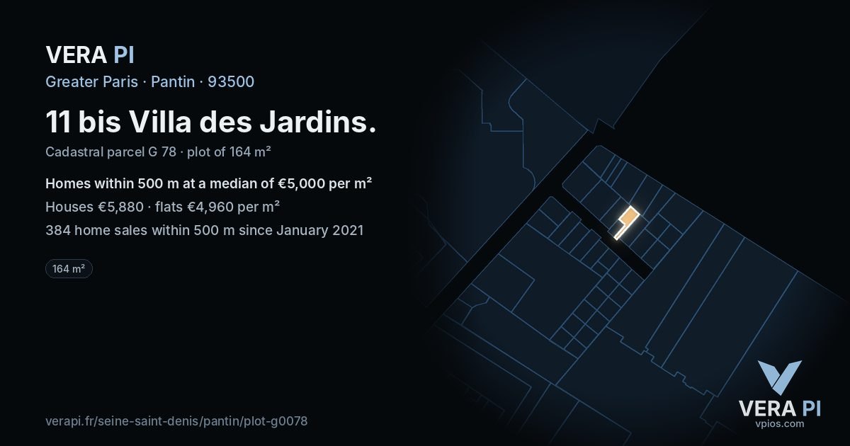11 bis Villa des Jardins, Pantin at night – the plot lit, the parcels around coloured by the prices near them