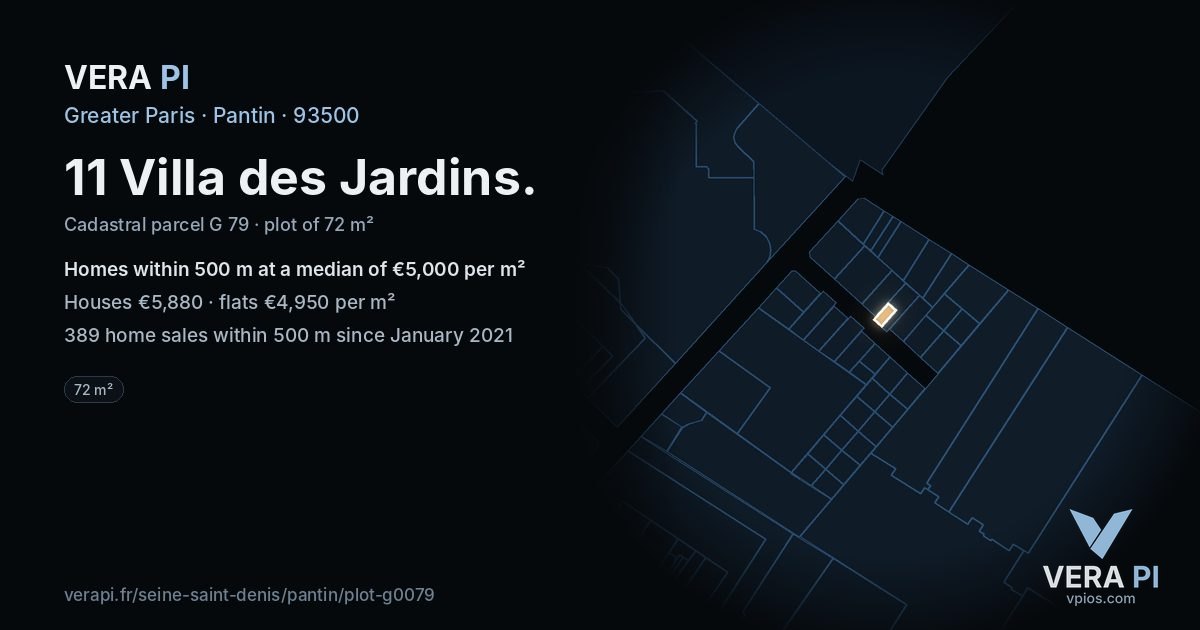 11 Villa des Jardins, Pantin at night – the plot lit, the parcels around coloured by the prices near them