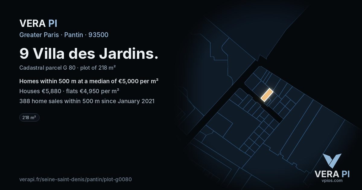 9 Villa des Jardins, Pantin at night – the plot lit, the parcels around coloured by the prices near them