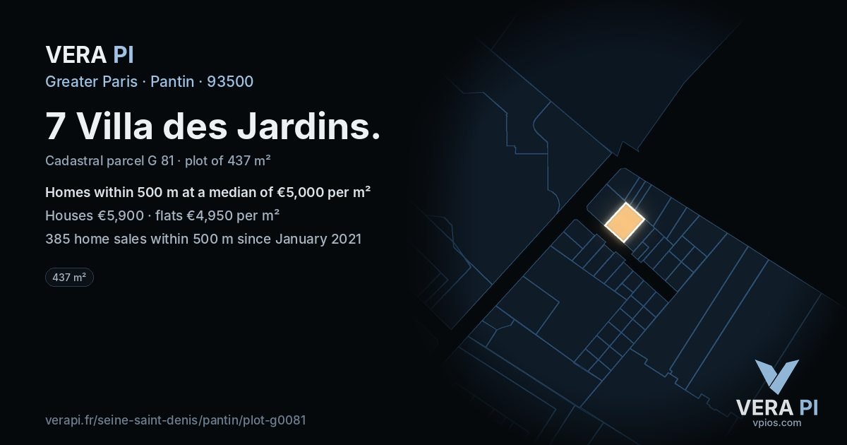 7 Villa des Jardins, Pantin at night – the plot lit, the parcels around coloured by the prices near them
