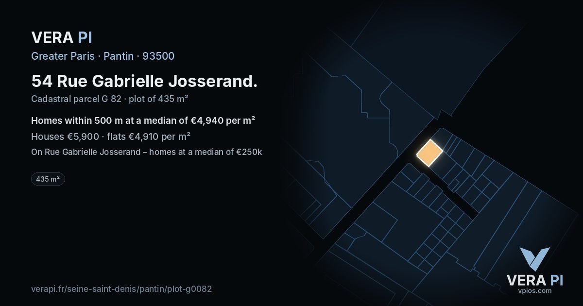 54 Rue Gabrielle Josserand, Pantin at night – the plot lit, the parcels around coloured by the prices near them