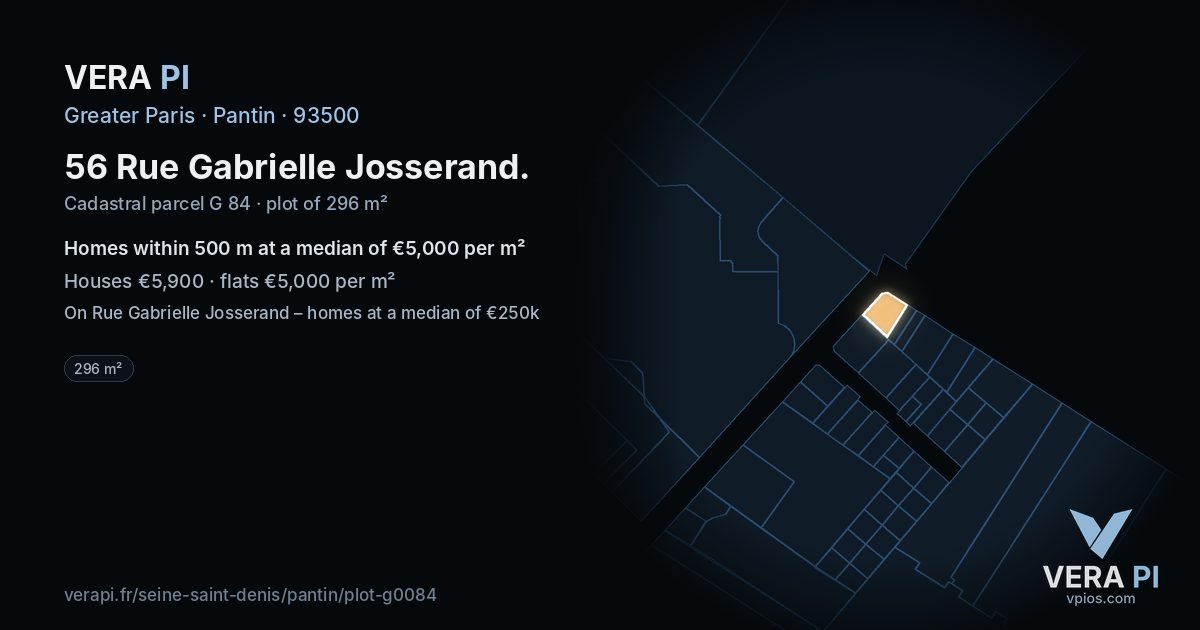 56 Rue Gabrielle Josserand, Pantin at night – the plot lit, the parcels around coloured by the prices near them