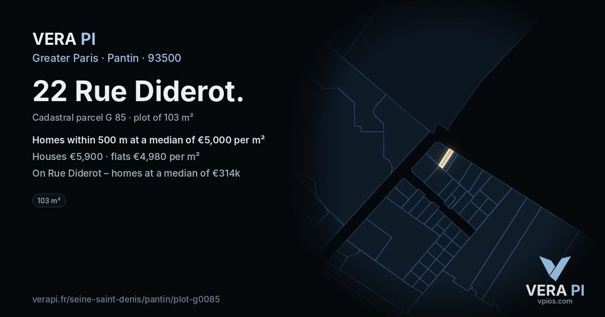 22 Rue Diderot, Pantin at night – the plot lit, the parcels around coloured by the prices near them