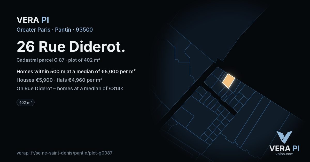 26 Rue Diderot, Pantin at night – the plot lit, the parcels around coloured by the prices near them