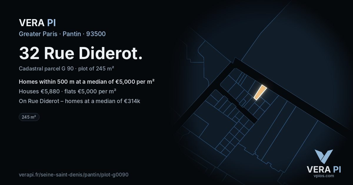32 Rue Diderot, Pantin at night – the plot lit, the parcels around coloured by the prices near them