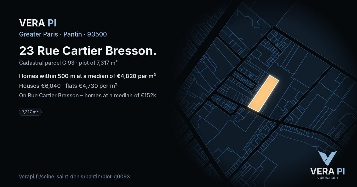 23 Rue Cartier Bresson, Pantin at night – the plot lit, the parcels around coloured by the prices near them