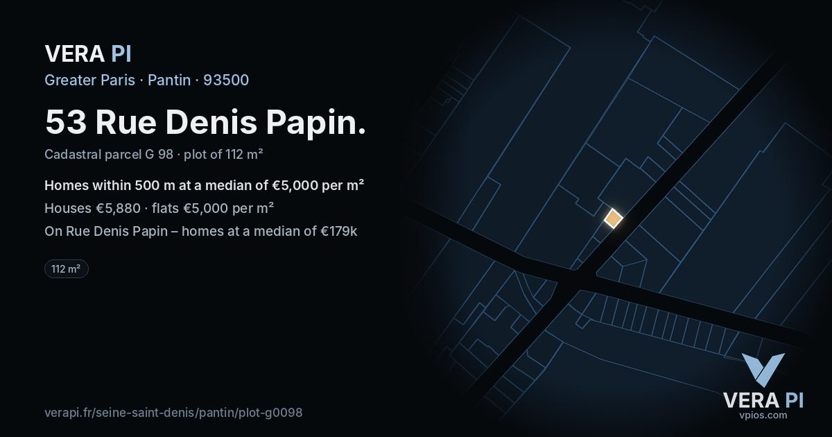 53 Rue Denis Papin, Pantin at night – the plot lit, the parcels around coloured by the prices near them