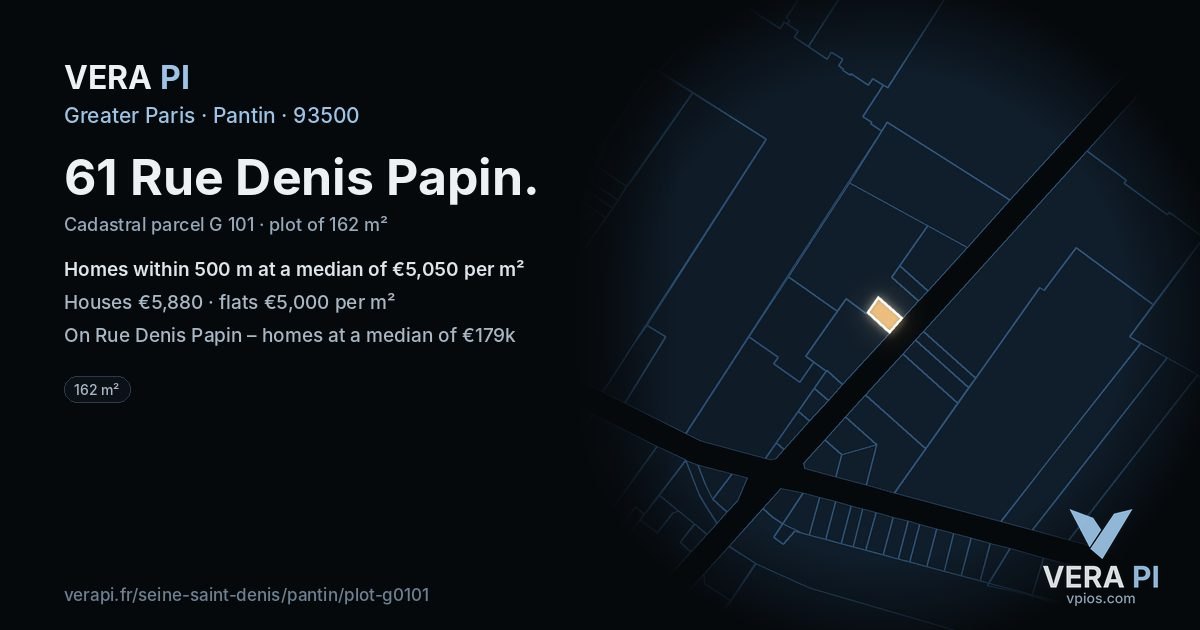61 Rue Denis Papin, Pantin at night – the plot lit, the parcels around coloured by the prices near them